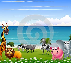 Funny animal cartoon collection with beach background