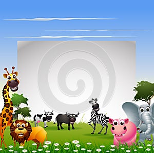 Funny animal cartoon collection with nature background and blank sign