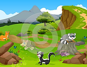 Funny animal cartoon in the jungle with landscape background