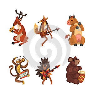 Funny Animal Character Playing Different Musical Instrument Performing Concert Vector Set