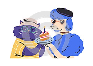 Funny animal characters couple celebrating birthday party. Cool cat and dog friends with holiday cake and candle for