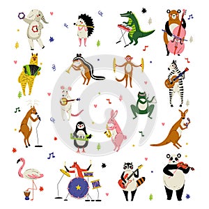 Funny Animal Musician Character Playing Musical Instrument Performing Concert Vector Set