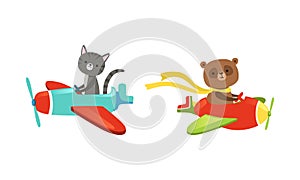 Funny Animals Aviating or Flying on the Airplane with Propeller Vector Set