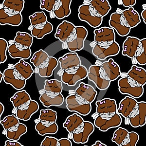 Funny animals brown otter cranky pet cute seamless pattern, animal beaver resentful cartoon style with ribbon , peevish line art,