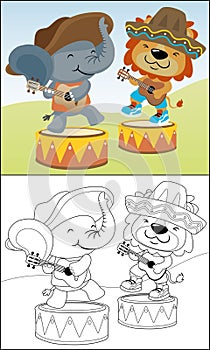 Funny animals cartoon playing guitar wearing mexican sombrero hats, elephant and lion, coloring book or page