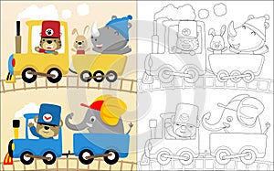 Funny animals cartoon on steam locomotive, coloring book or page