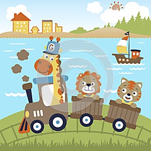 Funny animals cartoon vacation with steam train