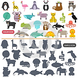 Funny animals color flat and simple icons set