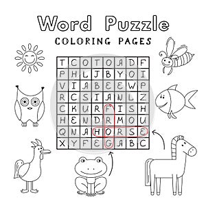 Funny Animals Coloring Book Word Puzzle