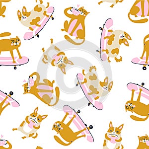 Funny animals drink coffee and ride a skateboard. Vector seamless pattern with cats and dogs.