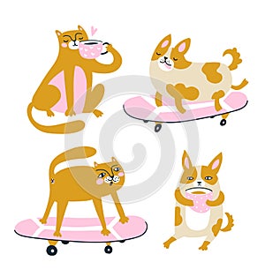 Funny animals drink coffee and ride a skateboard. Vector set - cats and dogs. Cute characters