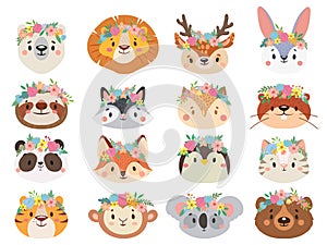 Funny animals in flower wreaths. Happy animal head with flower, fun cat and pet face in wreath vector set