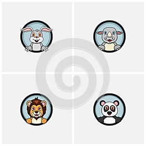 Funny Animals Head Character Design Set. Rabbit, Rhino, Lion and Panda. For Logo, Label, Icon, Inspiration and Template Design.