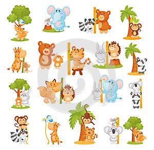 Funny Animals Measuring and Comparing Heights with Meter and Tree Big Vector Set