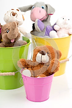 Funny animals sitting in colorful buckets.Friends:penguin, elephant, mouse, donkey, hare, bear are resting, communicating.