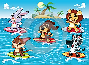 Funny animals are surfing in the sea.