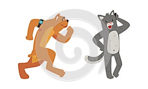 Funny Animals Using Modern Gadgets Set, Dog Running with Smart Watch, Cat Talking on Phone Cartoon Vector Illustration