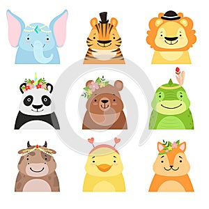 Funny animals wearing different hats set, elephant, tiger, lion, panda, bear, dinosaur, cow, cute cartoon animal avatars