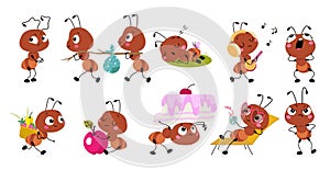 Funny ant. Isolated little ants different emotions. Cute insects working and resting, sleeping and moving. Childish