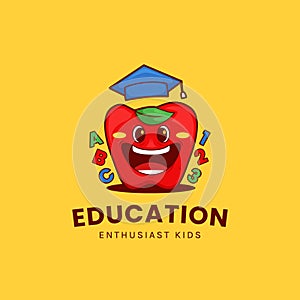 Funny apple education logo with big smile and wear graduation hat in cartoon mascot illustration style