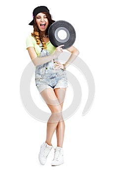 Funny Artistic Entertainer with Retro Vinyl Record photo