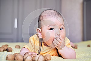 Funny Asian kid chewing on a walnut. teething