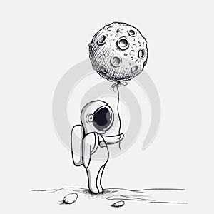 Legrační kosmonaut udržuje abstraktní balón jako měsíc 