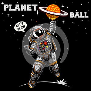 Funny astronaut playing basketball in space illustration wall art t shirt graphic design