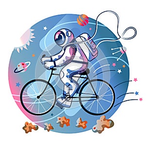 Funny astronaut riding bike in space. Man in spacesuit exercising on bicycle. Space exploration fun entertainment vector