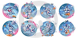 Funny astronaut in space set. Man dancing, playing guitar, with umbrella, reading book or newspaper, meditating, riding