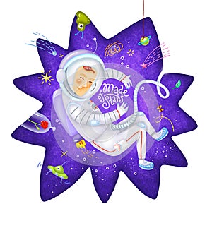 Funny astronaut in space suit in weightlessness Made of stars illustration