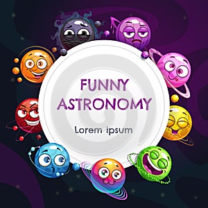 Funny astronomy childish page design. Vector cartoon comic planets set.