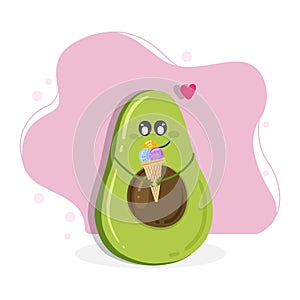 Funny avocado, avocado exercise. Summer funny avocado fruit with ice cream. Avocado exercise vector illustration for