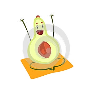 Funny avocado fruit cartoon character doing yoga exercise vector Illustration on a white background
