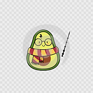 Funny avocado icon. Harry Potter style. Magic wand. Isolated. Vector