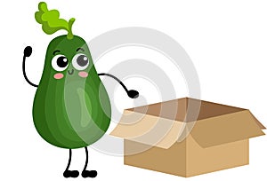 Funny avocado mascot with open cardboard box