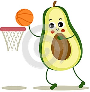 Funny avocado mascot playing basketball