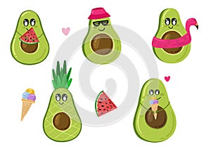 Funny avocados object collection with leaf, avocado exercise. Summer funny avocado fruit with watermelon, ice cream and