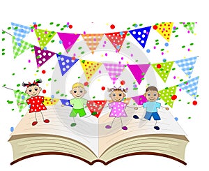 Funny babies dancing on the pages of the book