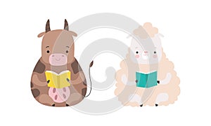 Funny Baby Animals Reading Books Set, Adorable Little Cow and Sheep Sitting and Learning, Kids Education Concept Cartoon