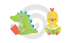 Funny Baby Animals Reading Books Set, Adorable Little Crocodile and Chicken Sitting and Learning Cartoon Vector