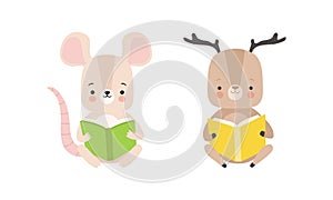 Funny Baby Animals Reading Books Set, Adorable Little Mouse and Deer Sitting and Learning, Kids Education Concept