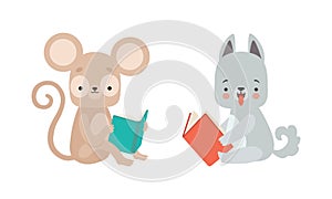 Funny Baby Animals Reading Books Set, Adorable Little Mouse and Wolf Sitting and Learning, Kids Education Concept