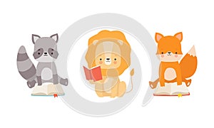 Funny Baby Animals Reading Books Set, Adorable Little Raccoon, Lion and Fox Sitting and Learning, Kids Education Concept
