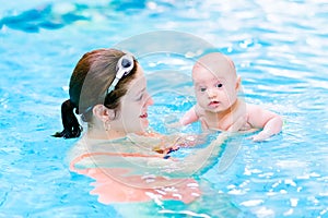 Funny baby boy in swimming pool with his mother