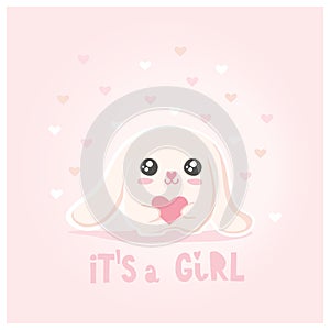 Funny Baby Bunny Vector Card. Adorable and Fluffy Baby Rabbit with Pink Heart.