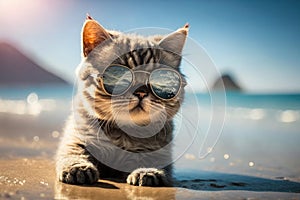 Funny baby cat wearing cool sunglasses resting on the beach. Generative AI