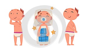 Funny Baby in Diaper Sleeping and Standing Vector Set