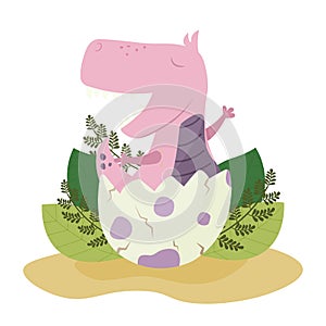 Funny baby dinosaur in an egg shell. A dinosaur hatches from an egg. pink baby dragon