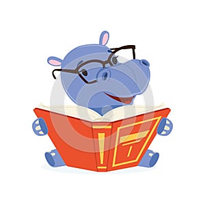 Funny baby hippo character wearing glasses sitting and reading a book, cute behemoth African animal vector Illustration